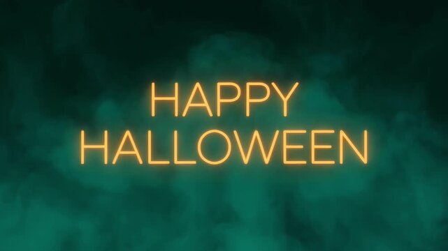 Happy halloween neon text glowing in dark green smoke background