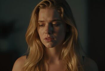 Fototapeta premium Blonde Woman Looking Down Sad
