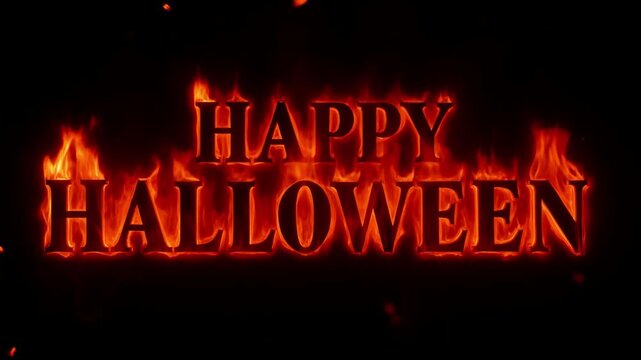 Happy halloween text engulfed in flames on a black background