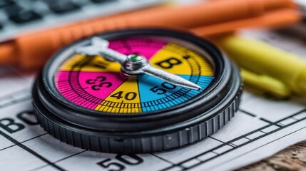 Obraz premium Close-up of colorful spinner on board game score sheet with pencil and crayon in background playful leisure activity for family and friends entertainment