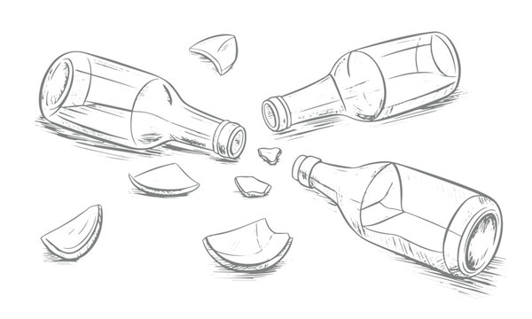 Hand drawn sketch of shattered glass bottles with scattered broken shards isolated on white vector illustration