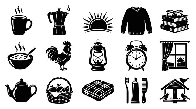 Morning Routine Icons Set: Coffee, Rooster, Breakfast, Sweater, Books, Nature Scene