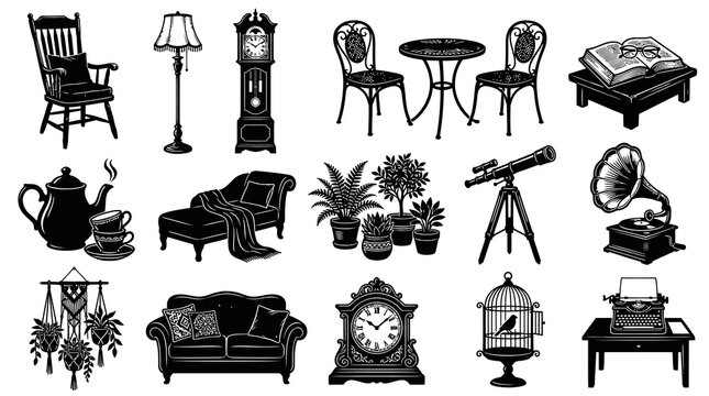 Vintage Household Items Collection in Black and White Engraving Style - Furniture, Home Decor, Hobbies