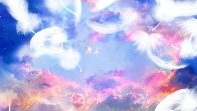 天国へ続くオーロラ色の空と舞い落ちる天使の羽のスピリチュアルな背景画