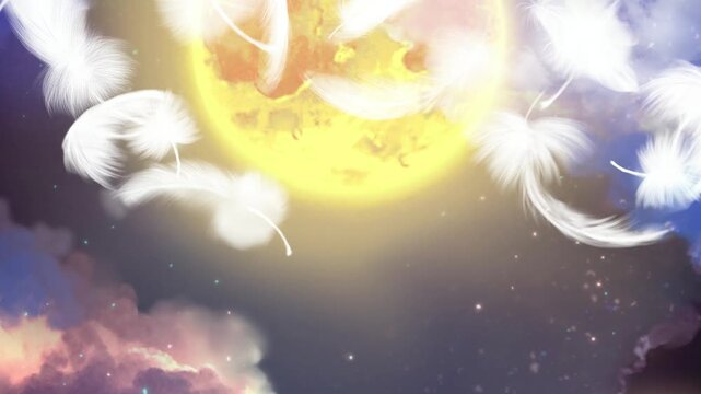 満月輝く夜空、舞い落ちる天使の羽のスピリチュアルな背景画