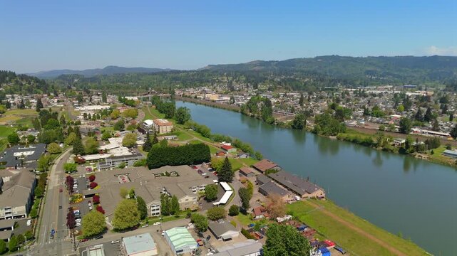 Aerial view of Columbia River and neighborhoods in Longview Washington