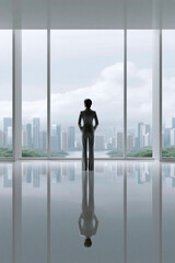Fototapeta premium An investor overlooking a cityscape from a high-rise office, symbolizing the broad market access through private investments, captured in a documentary photography style