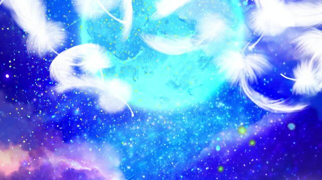 満月輝く夜空、舞い落ちる天使の羽のスピリチュアルな背景画