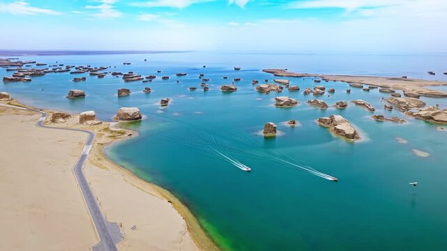 Aerial view of speedboats cruising through water yardang landforms in Qinghai, China
