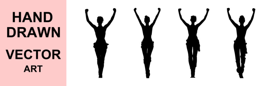 Hand drawn cheering woman silhouette vector illustration featuring raised arms, celebration pose, success concept, confident female character, editable monochrome graphic artwork design