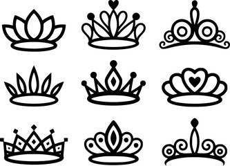 Collection of black silhouette crowns and tiaras a white background royalty symbol © Vector_Mint