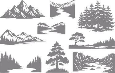 Collection of mountain and forest landscape silhouettes © Vector_Mint