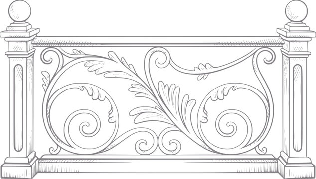 Ornate balustrade with scrollwork and leaf motifs, architectural detail