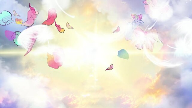 天国へと続く雲の階段と舞い落ちる天使の羽と花びらのスピリチュアルな背景素材