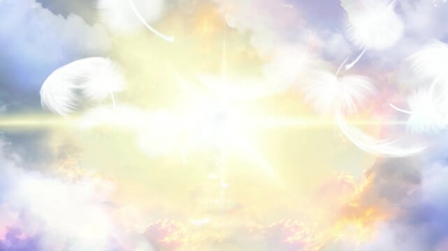 天国へ続く雲の階段とオーロラ色の空と舞い落ちる天使の羽のスピリチュアルな背景画