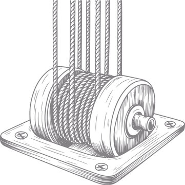 Vintage of a pulley system with multiple ropes wound around a drum