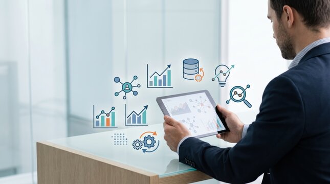Manager reviewing business metrics and key performance indicators on tablet, strategic planning icons, database storage symbol, innovation lightbulb, corporate growth analysis c...