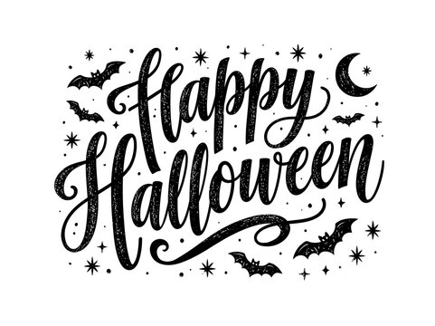三日月やコウモリに星が散りばめられた手書きカリグラフィのハッピーハロウィンロゴ文字おしゃれでシックなイベント装飾用タイポグラフィ。Elegant Happy Halloween hand drawn calligraphy lettering logo with bats crescent moon and sparkling stars for spooky festive graphic 