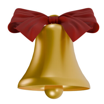 3D render of a glossy golden jingle bell adorned with a vibrant red ribbon. This versatile holiday element is perfect for Christmas graphic designs, festive web banners, greeting cards