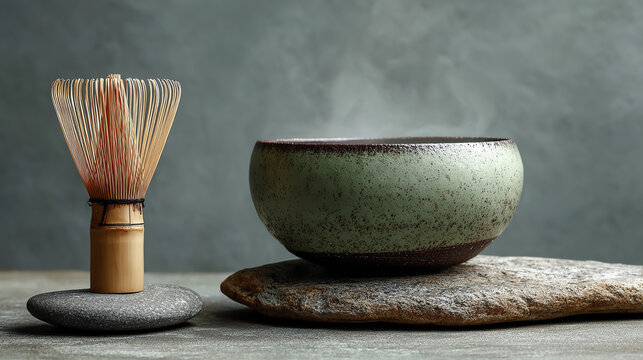 A serene moment featuring a traditional matcha bowl and whisk, emitting steam, embodying tranquility and tea culture.