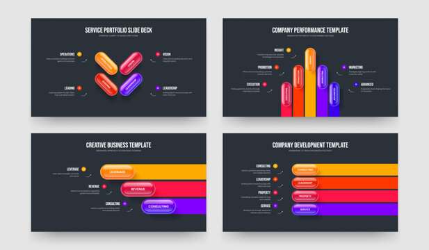 Visual Introduction Four Five Three Element Diagram Slide Design Vector Illustration Set. Company Launch 4 5 3 Step Infographic Presentation Layout Bundle.