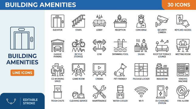 Comprehensive set of eighty minimal line vector icons depicting modern building amenities residential apartment facilities commercial infrastructure elevator access and premium property services