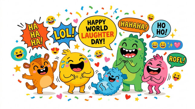 Happy World Laughter Day with cute monsters and comic speech bubbles fun cartoon characters celebrating with confetti vector illustration