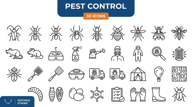 Comprehensive Collection of Thirty Minimalist Pest Control Outline Icons Featuring Various Insects Bugs and Extermination Service Symbols in Thin Linear Vector Style for Web and App Interface Design