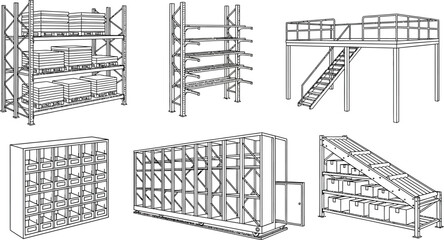 Fototapeta premium Diverse collection of warehouse storage systems featuring industrial racking shelving and mezzanine structures presented as detailed line art vector illustrations for logistics and inventory managemen