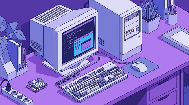Vintage Isometric Illustration of an Antique Desktop Personal Computer System Featuring a CRT Monitor Keyboard and Beige Tower Unit Representing Retro Computing and 90s Digital Technology Work