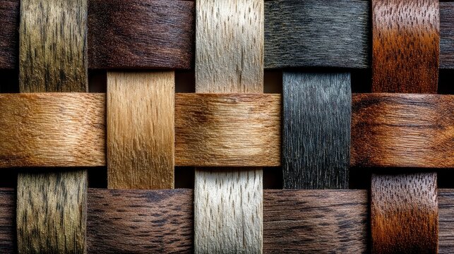 Mixed wood veneer weave, interwoven strips of light and dark wood, basket pattern, textured craft background, macro detail 