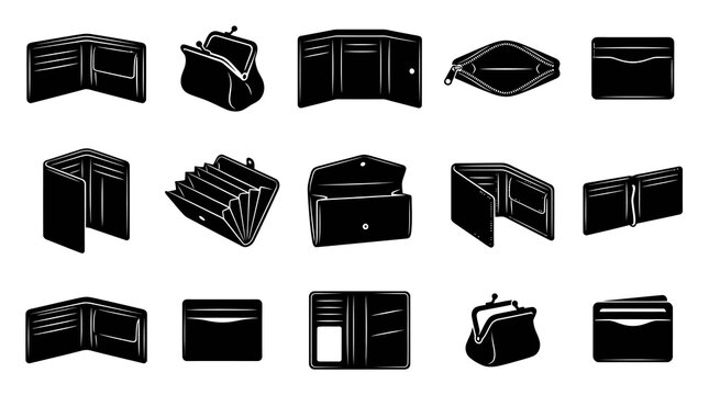 Black  White Glyph Icons of Various Wallets and Coin Purses