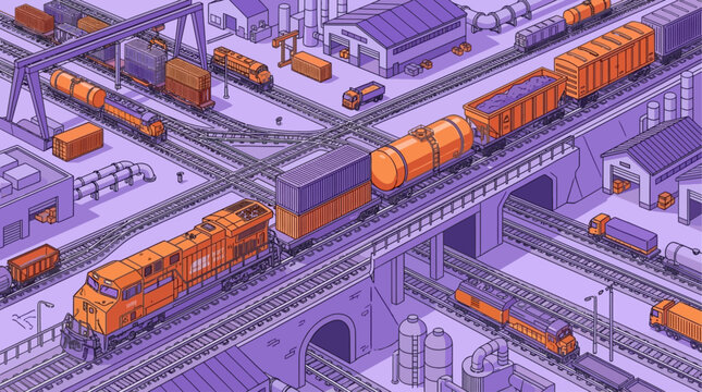 Isometric freight train featuring an orange locomotive engine and multiple cargo wagons on a complex rail network for heavy industrial logistics transportation and global shipping infrastructure.