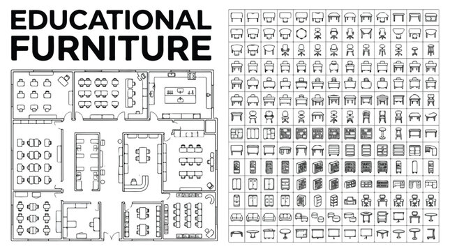 Educational furniture floor plan icons, school classroom interior layout vector, university lecture hall furniture set for architectural design