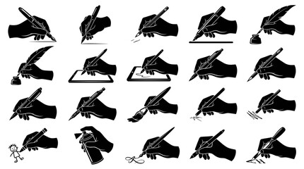 Obraz premium Hands Writing Drawing Silhouette Icons Set - Creative Process, Education Office Vector Glyphs