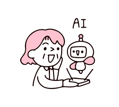 AIロボットくんにサポートしてもらうシニア女性のイラスト
