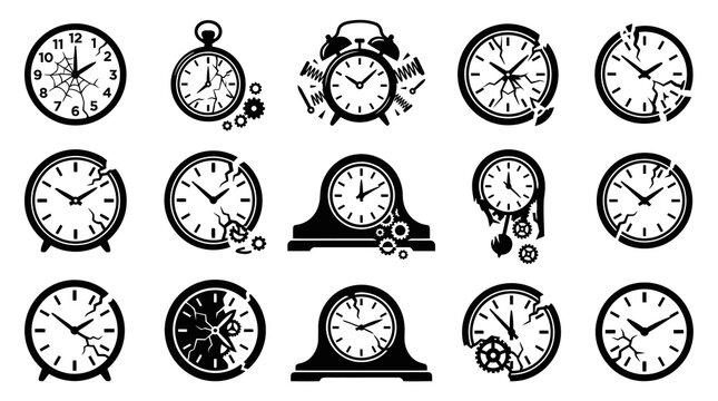 Broken Clocks and Watches Glyph Icons Collection for Time Management and Deadline Concepts