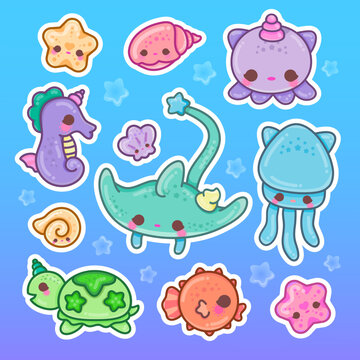 Cute kawaii ocean animal sticker pack vector sheet