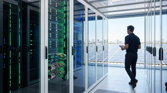 Server room interior with racks of computers and network cables overlooking a large solar panel farm on the roof