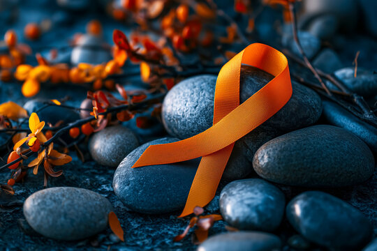 Orange ribbon tied around smooth river rock with autumn leaves and twigs for remembrance awareness