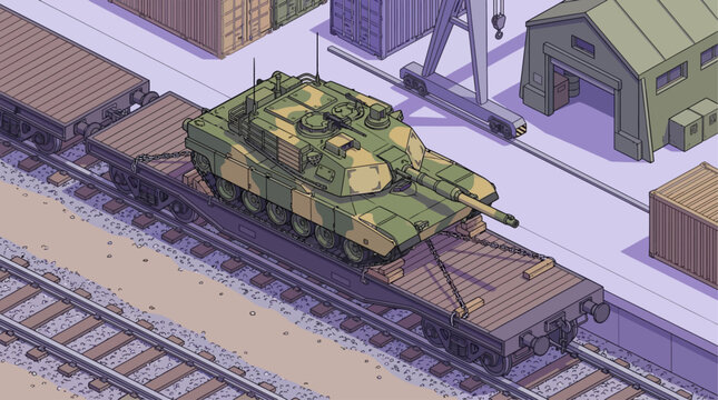 Isometric 3D illustration of a heavy military battle tank loaded on a flatbed railway wagon for strategic army logistics, armored vehicle deployment, and tactical rail transport infrastructure.