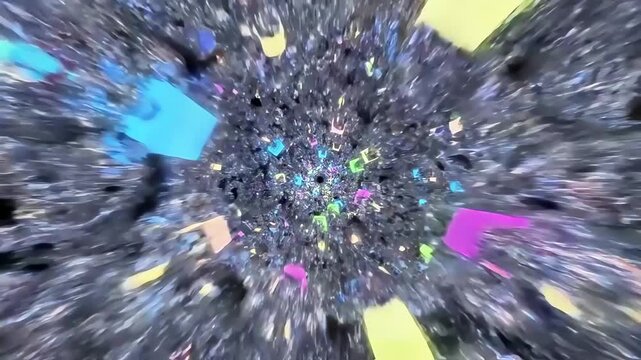 Fast flight through neon tunnel consisting of bright glowing cubes and crystals in cyberpunk style, vibrant neon flashes of pink and blue light create dynamic abstract digital background
