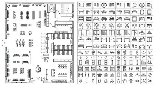 Architectural floor plan vector set, retail store interior layout with furniture icons, commercial shop blueprint and 100 design elements