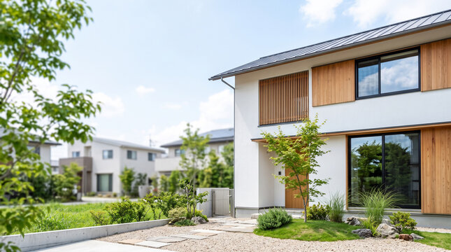白い外壁と木目が映える現代的な戸建て住宅外観