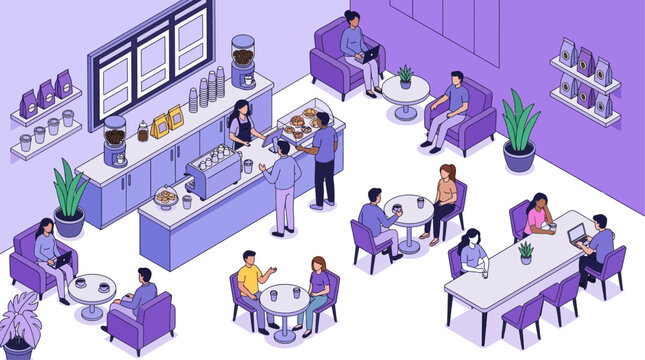Isometric 3D illustration of a cozy cafe interior featuring a modern coffee bar, overhead menu board, comfortable seating area with wooden tables and chairs for a boutique cafeteria layout.