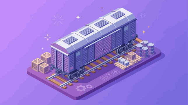 Industrial isometric boxcar wagon positioned on steel railway tracks for freight transport logistics, heavy cargo delivery solutions, and commercial shipping distribution in a modern rail system.