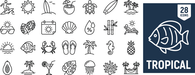 A collection of 28 outline icons representing tropical and summer themes, including beach, marine life, fruits, and plants, with a prominent tropical fish and 'Tropical' text. © Ashfaq