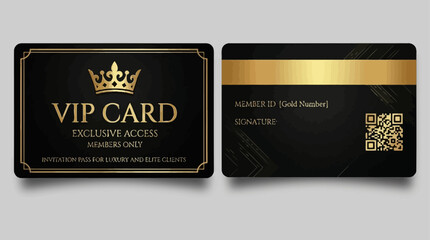 Naklejka premium Elegant Premium Black and Gold VIP Member Card Design featuring Royal Crown Symbol for Exclusive Invitation Access Pass Template suited for Luxury Elite Corporate Clients and Social Events