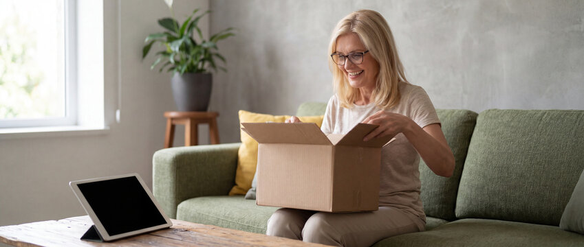 Mature woman unboxing delivery package while sitting on a green living room sofa, smiling brightly at her new online shopping purchase next to a digital tablet on a wooden table