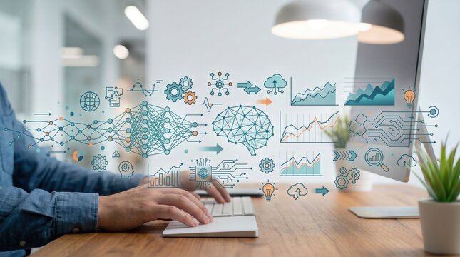 Person typing on keyboard with artificial intelligence brain data visualization, neural network processing, machine learning algorithms, big data analytics and cloud computing t...